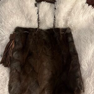 Devi Kroell Elegant Dark Brown Fur Shoulder Bag With python handles and Tassle